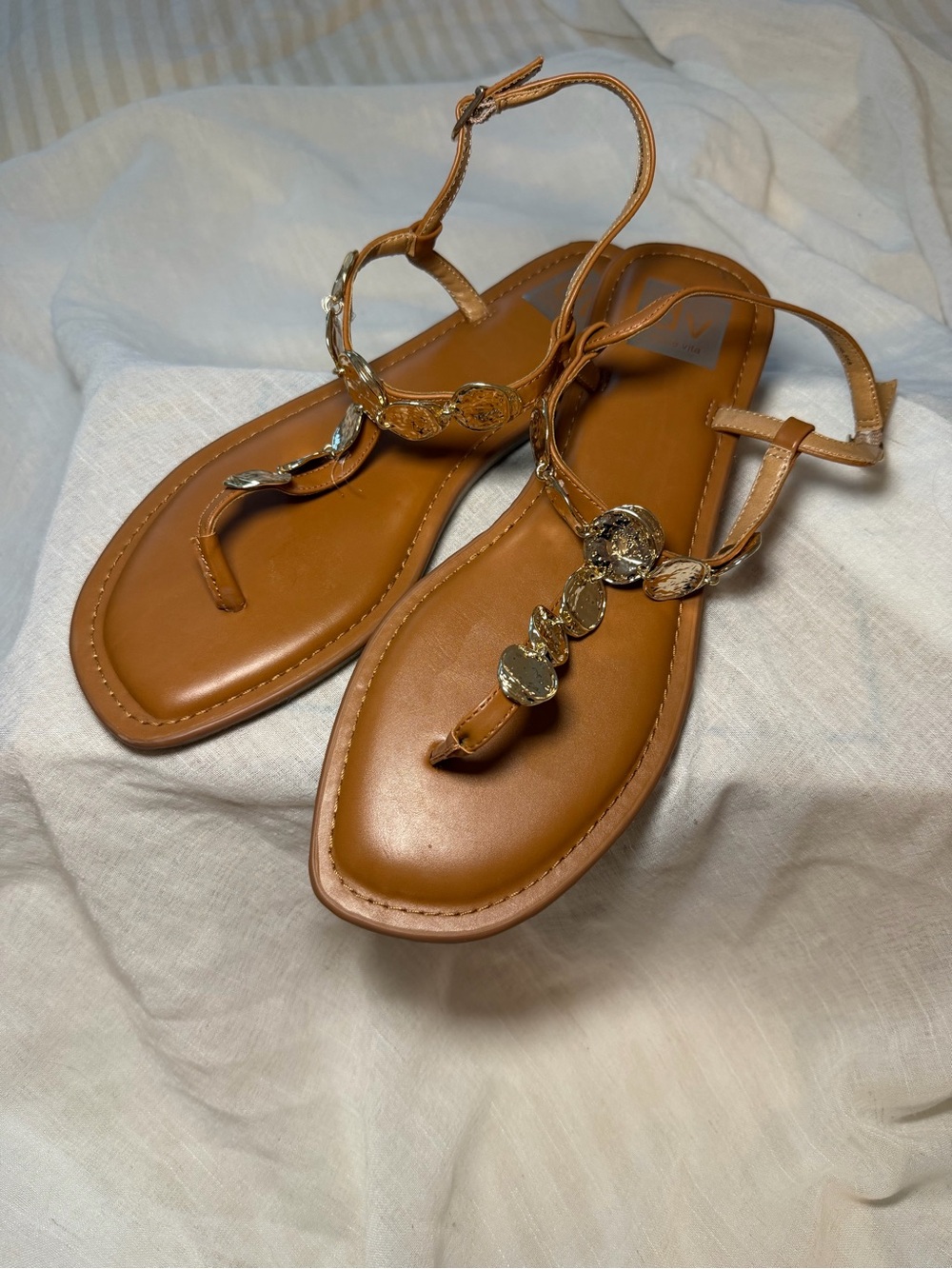 Dolce Vita Women’s Tan T-Strap Sandals with Gold Accents